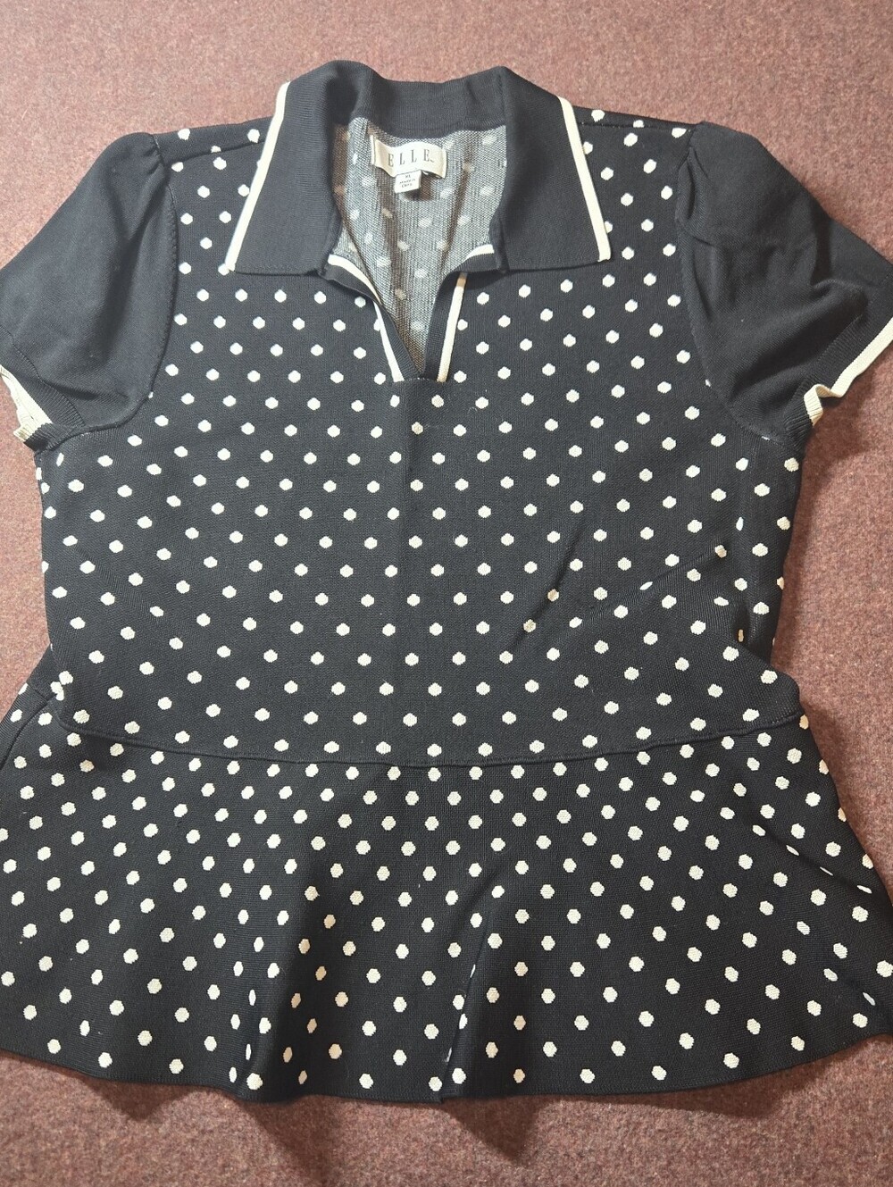 Elle Black & White Polka-dot Pattern Collared Peplum Top Size XL